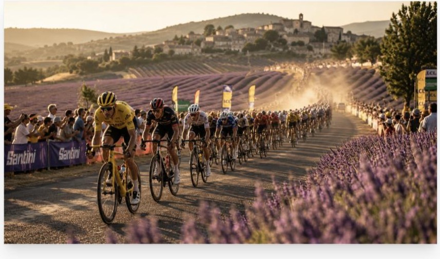 Peloton met gele trui door de lavendelvelden van de Provence bij zonsondergang