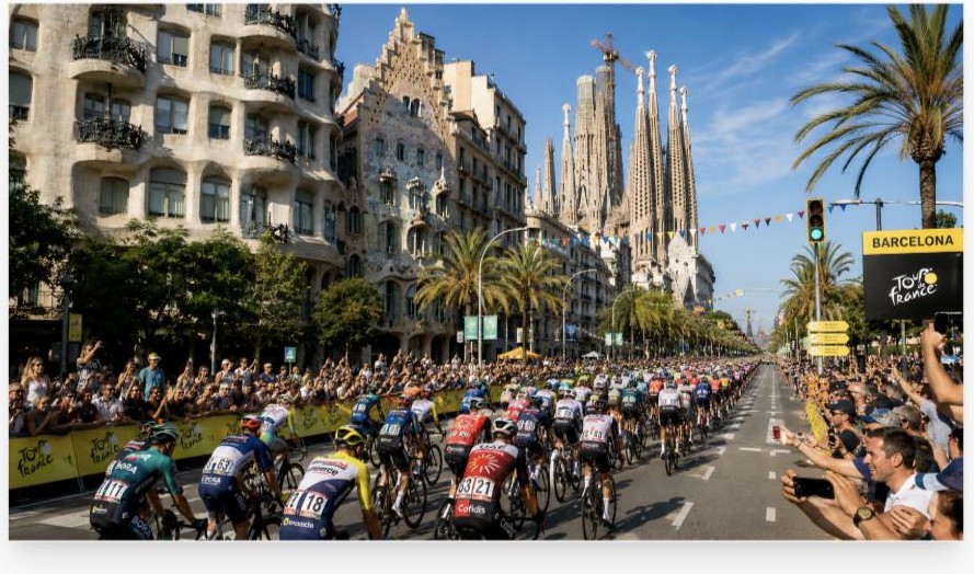 Grand Départ in Barcelona: peloton langs de Sagrada Família en Tour de France-banners