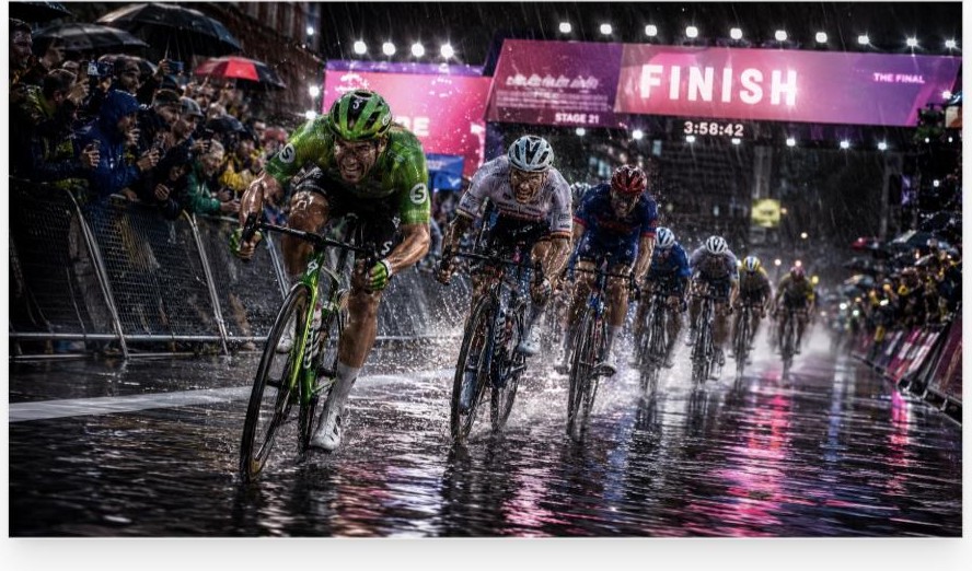Natte massasprint in de regen met de groene trui voorop richting de finish